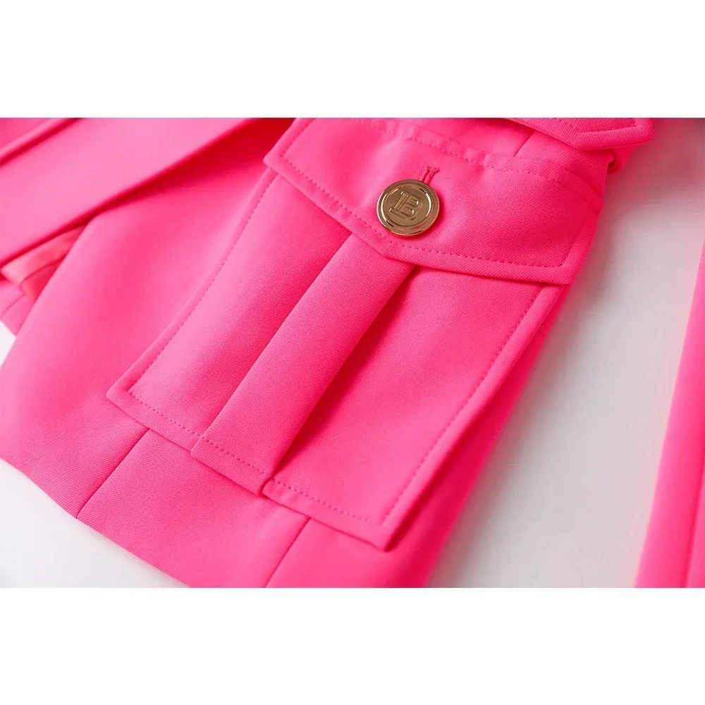 2024 New Bright Fluorescence Color Euro-american Stylish High Street Women Belt Pockets Fitness Elegant Lady Gorgeous Blazer