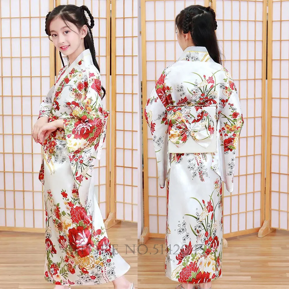 Japan Kimono Traditional Yukata Kids Girls Novelty National Dress Satin Luxury Oriental Bath Robe with Obi Performance Costume