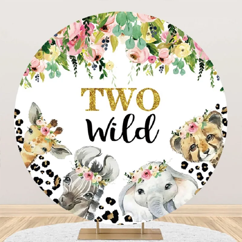 

Wild Two Backdrop Round Cover 2nd Birthday Party Decoration Girls Boys Happy 2 Years Birthday Safari Animal Circle Background