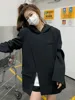 Women Black Hooded Suit Pullover Blazer Irregular Split Design Spring Autumn Korean Suit Top Loose Femme Streetwear 1
