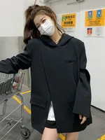 Women Black Hooded Suit Pullover Blazer Irregular Split Design Spring Autumn Korean Suit Top Loose Femme Streetwear 1