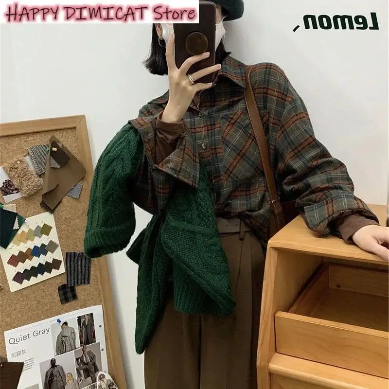 Loose Casual Tops Vintage Plaid Shirt Women Harajuku Retro Long Sleeve Oversized Blouse Korean Streetwear Turn Down Collar