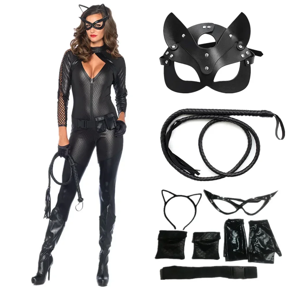 

Sexy Women Mask Cat Costume Half Face Fox Cat Cosplay Jumpsuit With Whip Halloween Carnival Party Costume for Aldult
