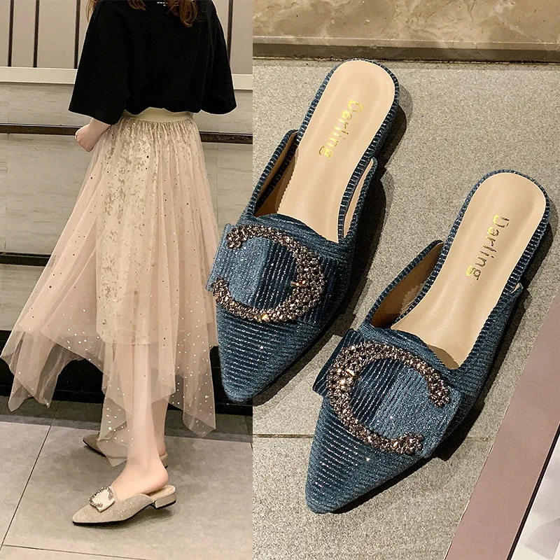 

Mules For Women 2024 Loafers Square heel Female Shoes Pointed Toe Glitter Slides Ladies' Slippers Low Block New Cover Jelly Fabr