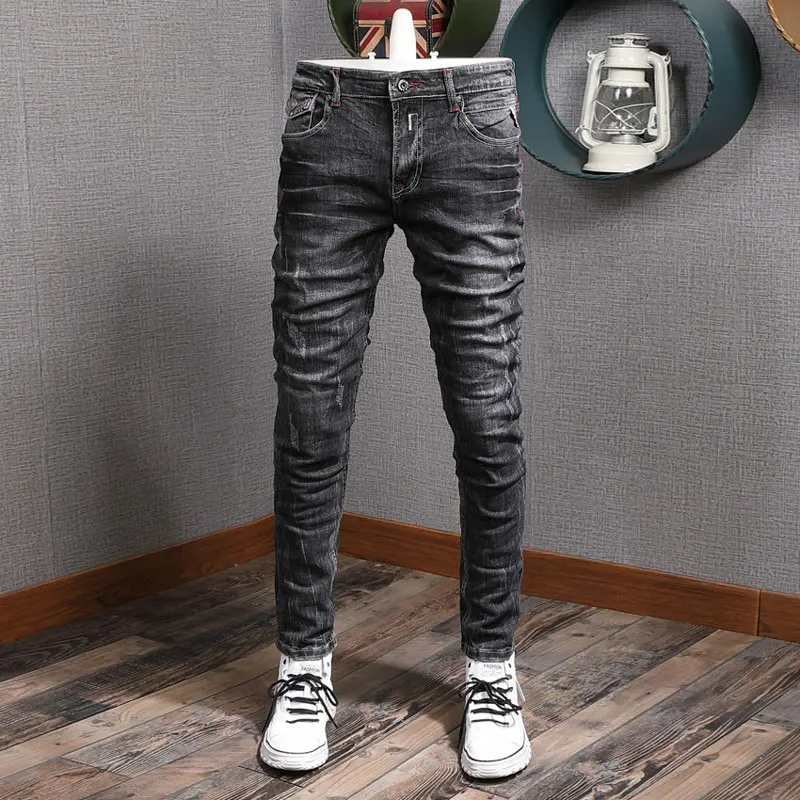 Fashion Vintage Men Jeans Retro Black Gray Elastic Slim Fit Ripped Jeans Men Trendy Trousers Italian Designer Denim Pants Hombre