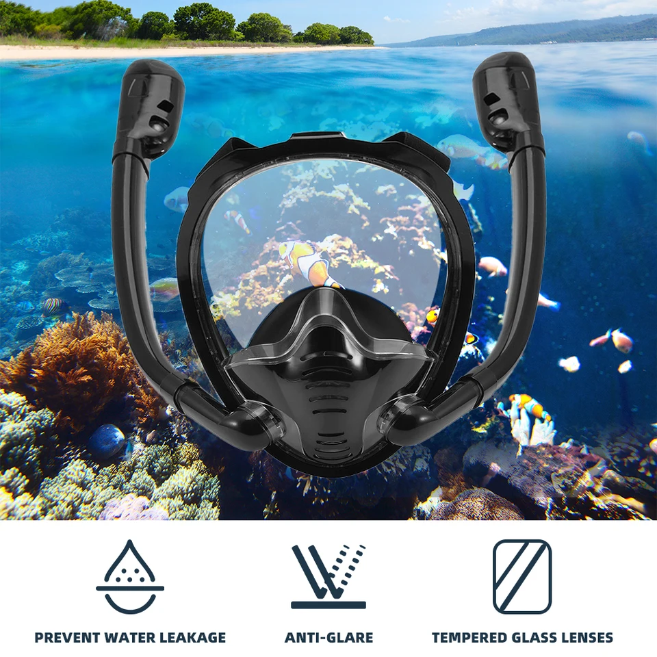 Full Face Snorkel Mask With Camera Mount – Double Hose Dry Top, Anti-Fog, 180° Panoramic View, For Adults (S/M & L/XL Sizes)
