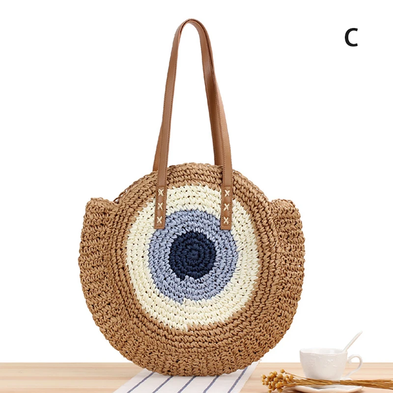Straw Beach Tote Bag With Tassels & Pom Poms - Large Handwoven Summer Shoulder Bag, Alight Brown - View #3