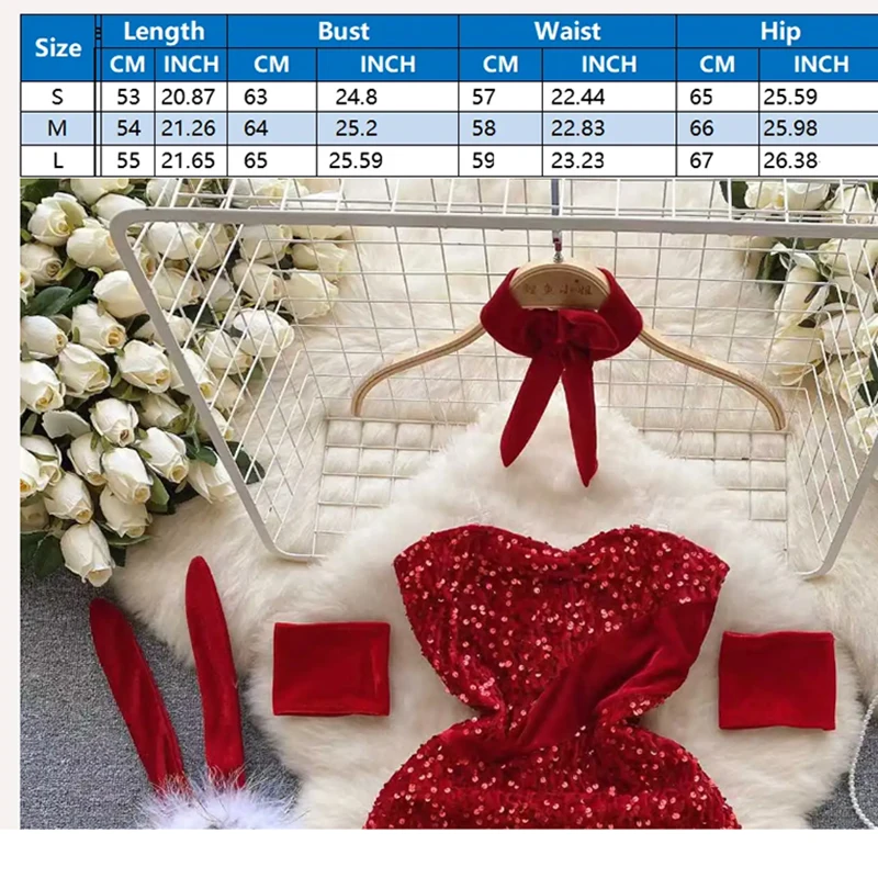 Secret Clothes Skinny Red Short Dress Sexy Sequin Bodycone Strapless Club Party Night Rrotic Bunny Cosplay Mini Dress Casual New