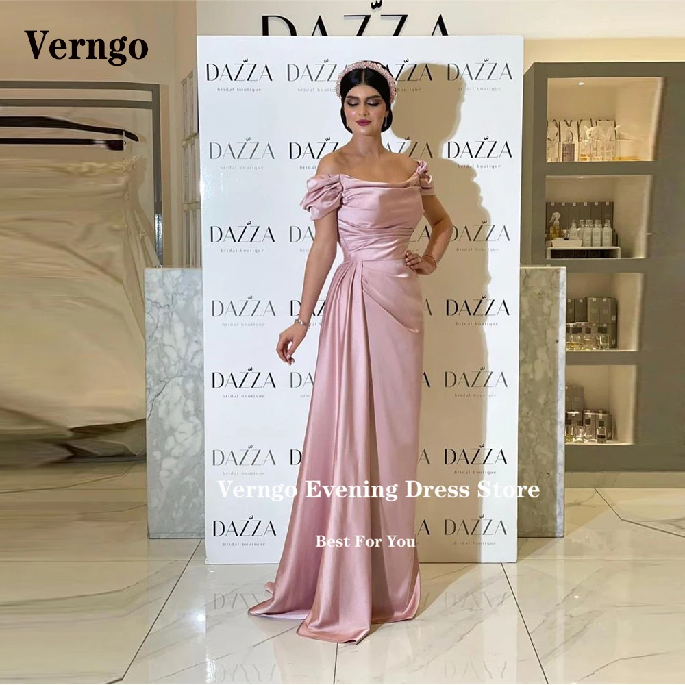 

Verngo Blush Pink Long Prom Dresses Off the Shoulder Satin Sleeves Pleats Dubai Arabic Women Party Formal Prom Gowns Elegant