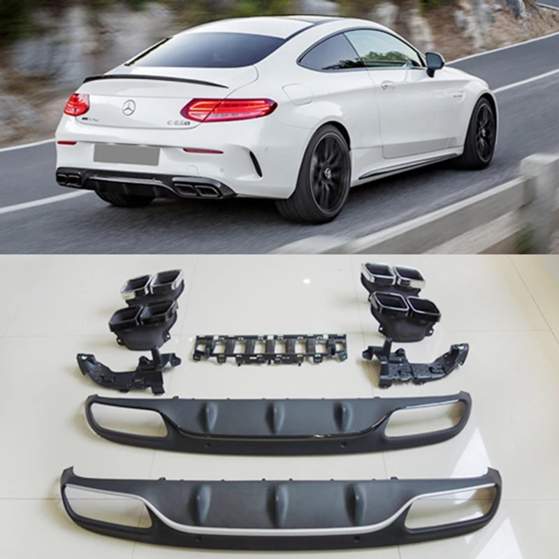 

For C63 AMG Diffuser with exhaust tips for Mercedes Benz W205 C205 Coupe 2-Door C200 C300 C43 AMG to C63 AMG Rear Bumper Lip