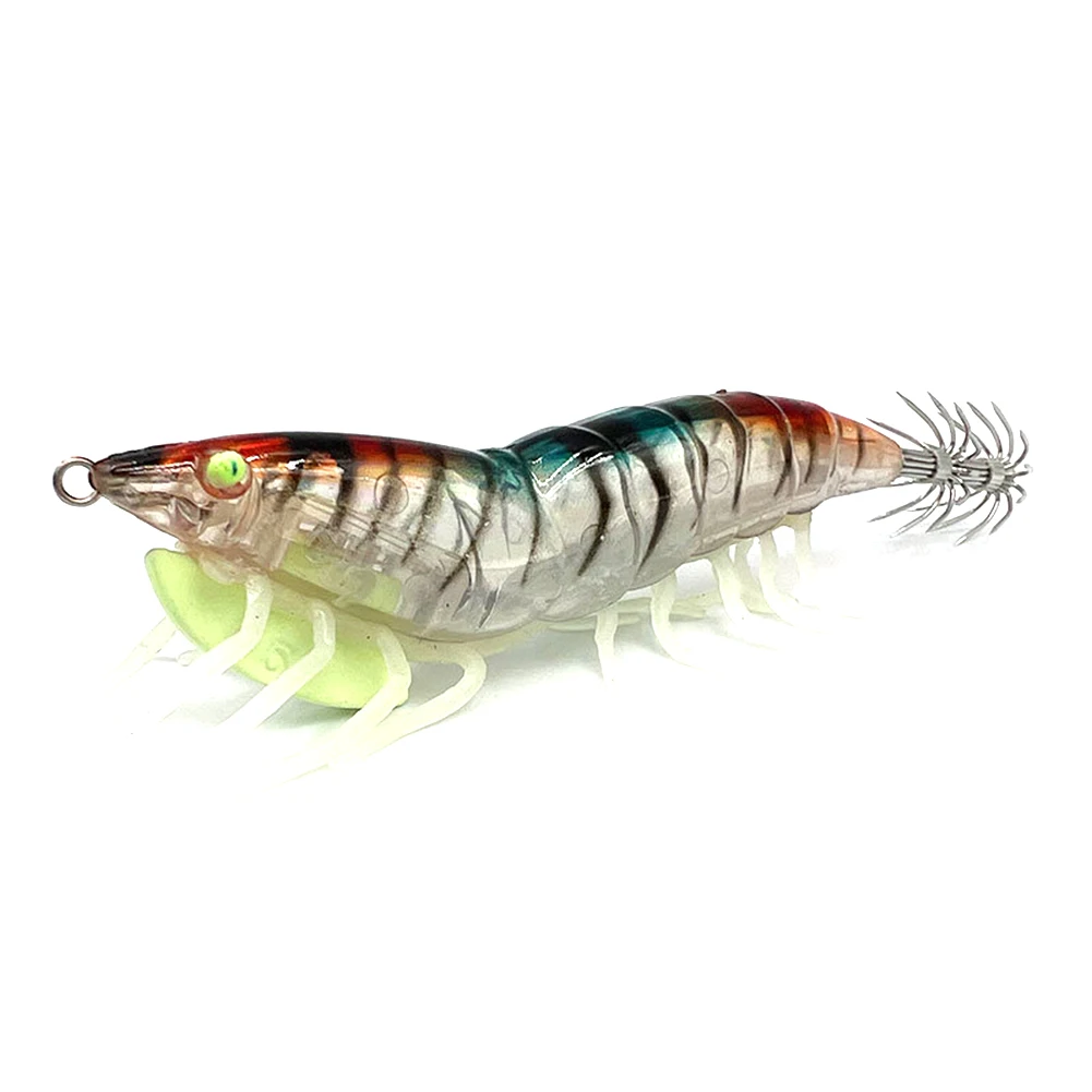 

3.0# Luminous Squid Bait Prawn Hook Wooden Bionic Shrimp Baits Fishing Lures 10x5cm For Saltwater Realistic 3D Eyes