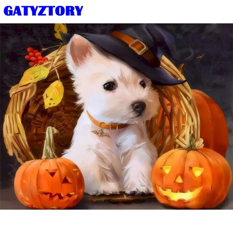 

GATYZTORY Paint By Numbers Dog And Pumpkin Handpainted Painting Art Gift Diy Pictures By Number Kits For Halloween Gift