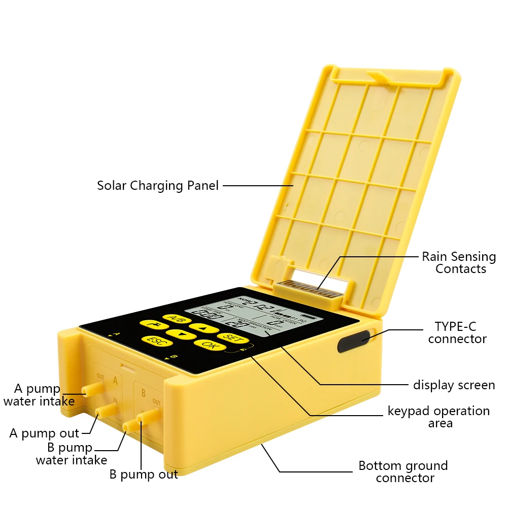 Automatic Drip Irrigation System Solar Powered Dual Pump Water Timer Rain Sensor