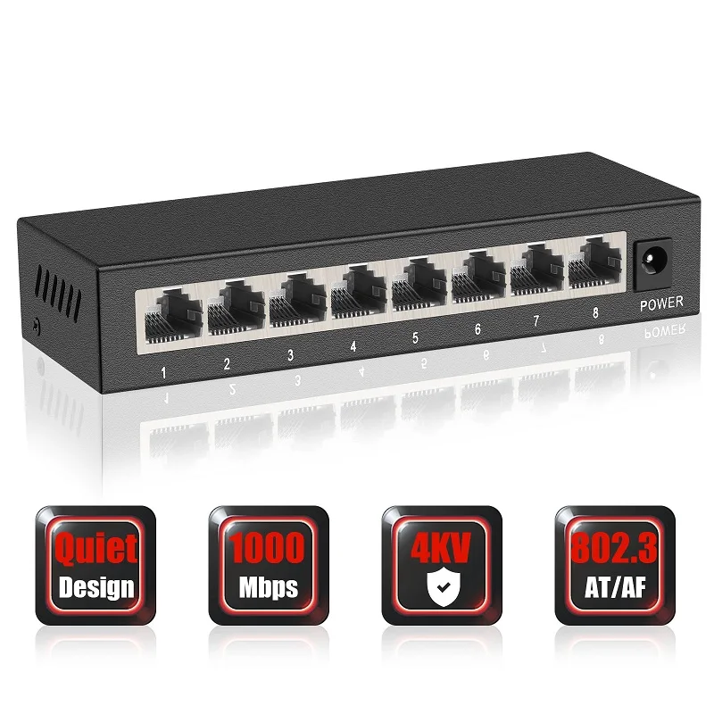 이더넷 기가비트 스위치, 8 포트, 1000 Mbps, 비관리형 금속 스위치, 네트워크 스위치, 쉬운 플러그 앤 플레이, IP 카메라, 와이파이 라우터
