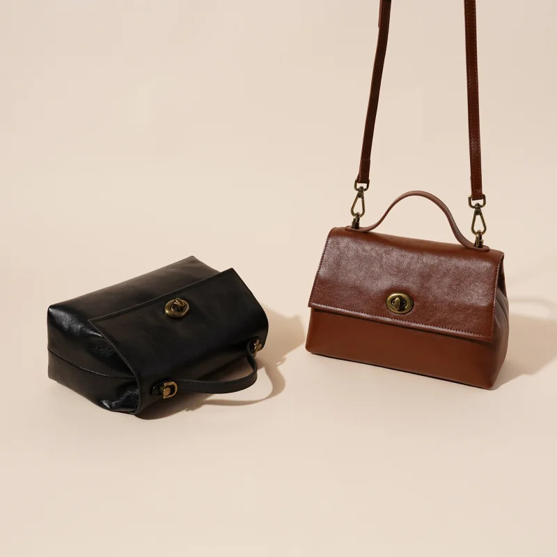 Retro top cowhide single shoulder small square bag, new flip cover crossbody bag, unique women's office crossbody bag