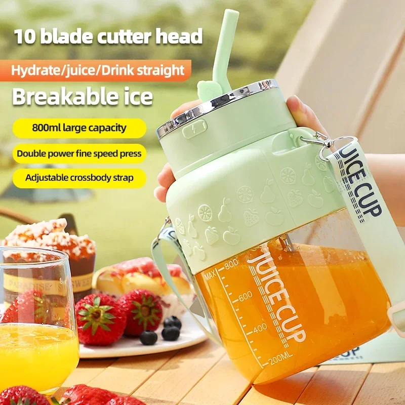 Wireless portable juice pitcher, 800 ml sports cup, large capacity fresh fruit juicer with 10 stainless steel blades.