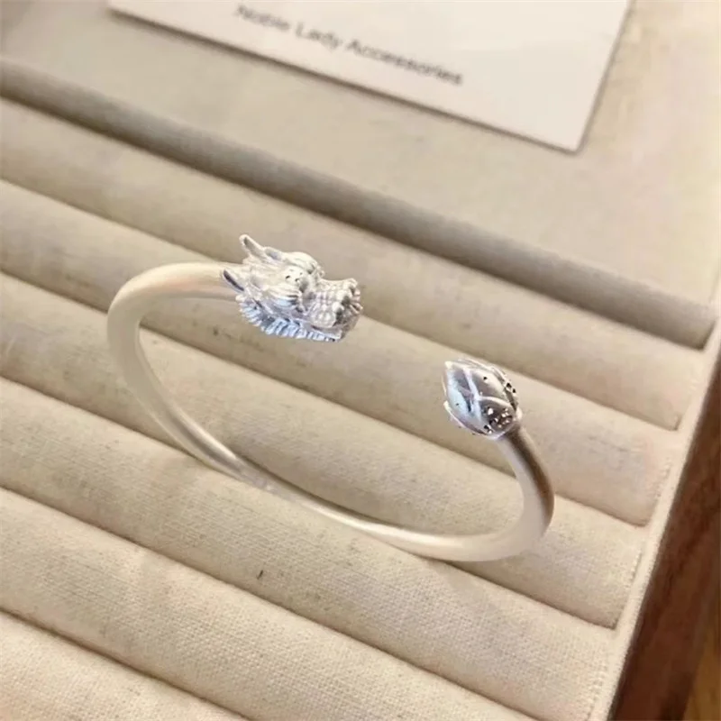 Authentic Pure Silver 999 Antique Frosted Flower Bud Faucet Simple Opening Men's and Women's Bracelet Gift