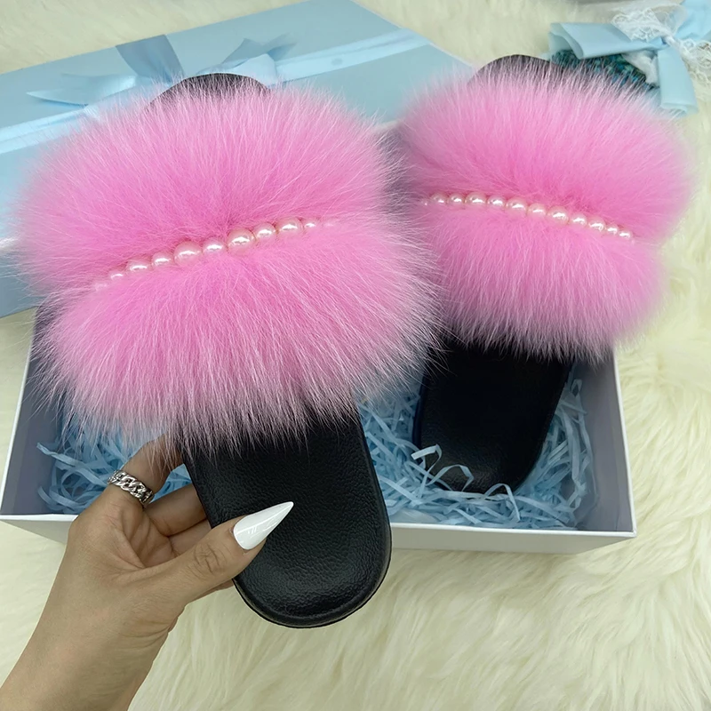 Real Fur Slides Woman Summer Pearl Chain Flip Flops Luxury Natural Furry Slippers For Women Ladies Indoor Home Flat Eva Slides