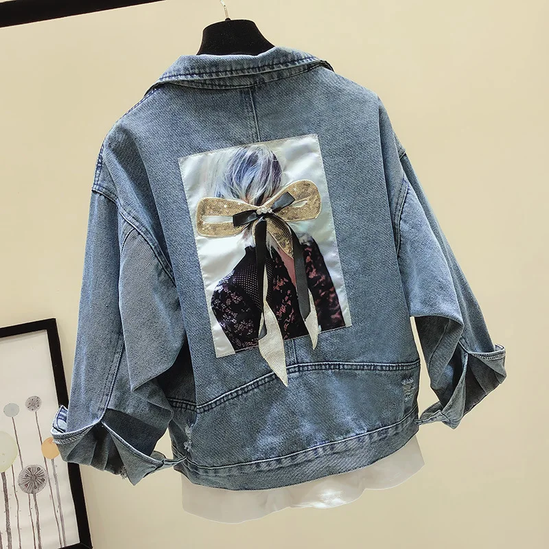 

Denim Jacket 2023 New Autumn Harajuku Denim Coat Sequins Beauty Applique Jeans Jacket Frayed Holes Casual Outwear Streetwear Top