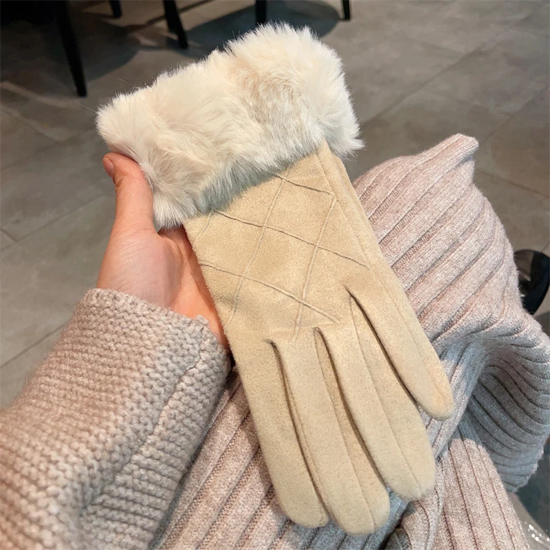 Solid Color Suede Mitten Fashion Women Fluffy Plaid Glove Winter Thick Warm Full Finger Gloves Outdoor Windproof Cycling Mittens