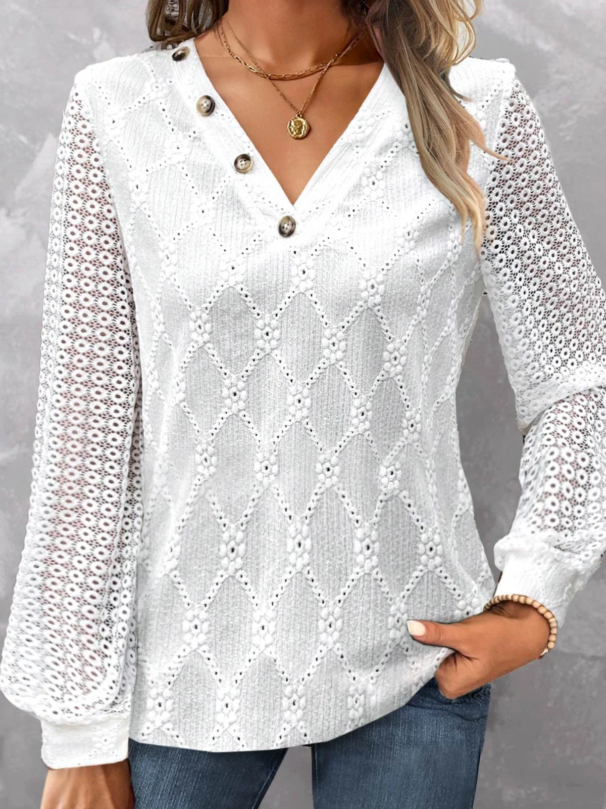 

Nyfairy Fashion Plus Size Women's Long Sleeve V Neck Solid Color Lace Hollow Button Top