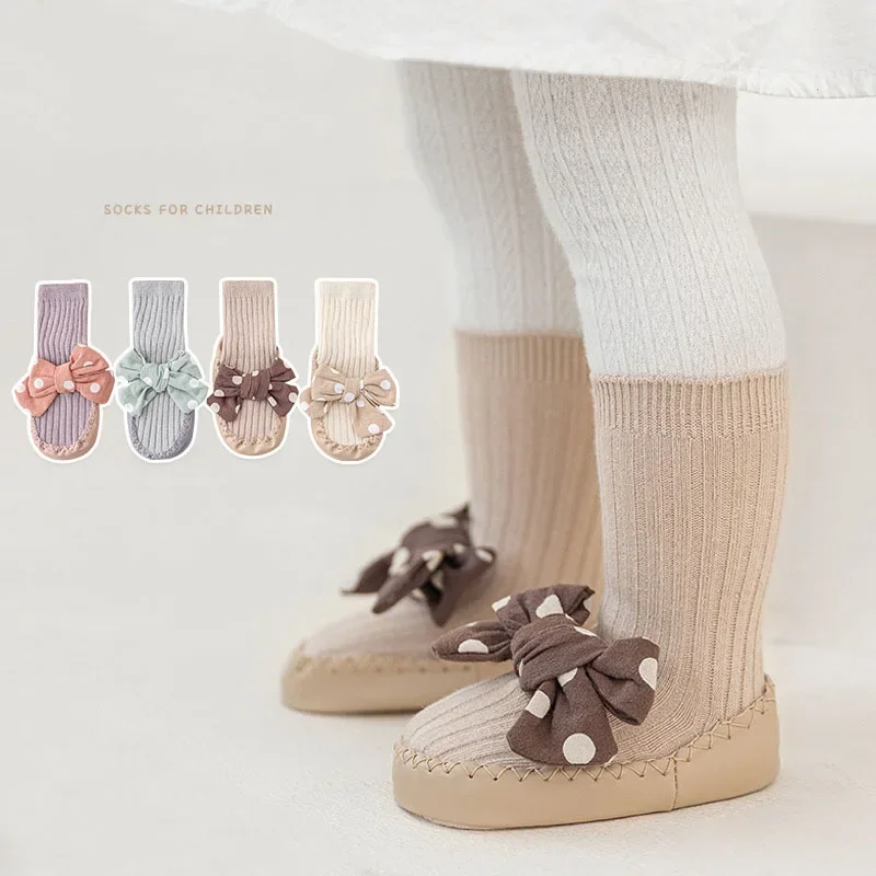Autumn Winter Baby Girls Socks Newborn Baby Bowknot Socks Infant Anti Slip Soft Cotton Floor Sock Shoes