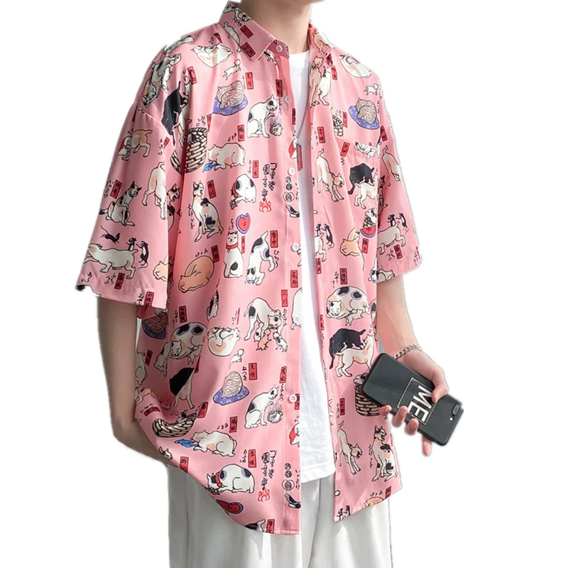 

Summer Harajuku Cat Print Hawaiian Shirt Men Casual Loose Short Sleeve Vacation Beach Shirts Male All-Match Fashion Chemise