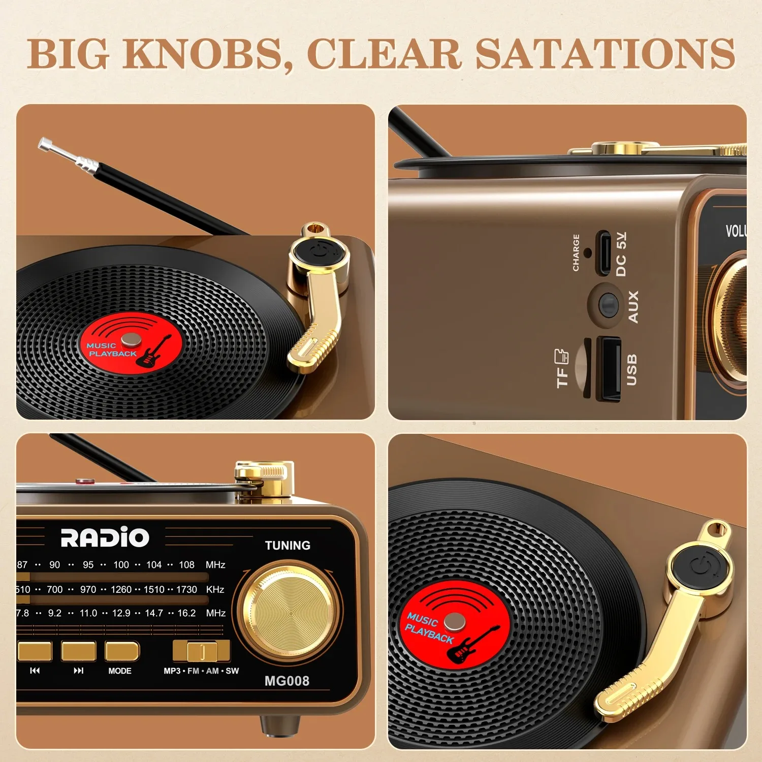 Portable FM/AM/SW Radio Retro Vinyl Player Style Wireless Bluetooth Speaker Streaming Unique Vintage Decor for Home Gift Idea