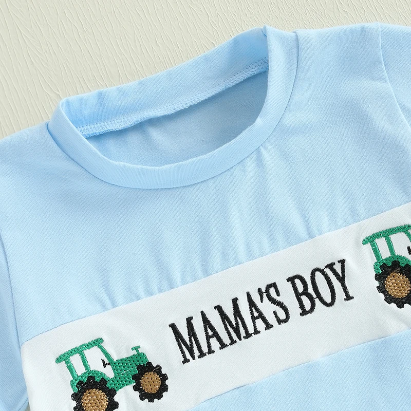 Baby Clothing Boy Summer Outfit Tractor Letter Embroidery Short Sleeve Tops Plaid Elastic Waist Shorts 2 Piece Set 5