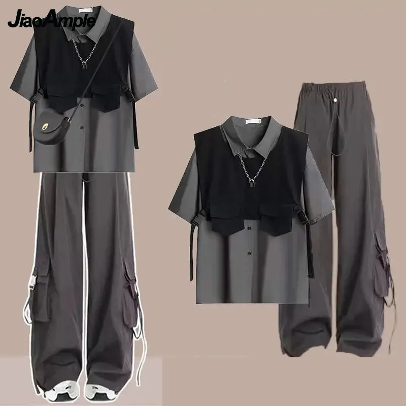 Women's Summer New Tracksuit Suit 2024 Korean Loose Short Sleeved Shirt+vest+Cargo Pants Matching Set Female Casual Sportwear