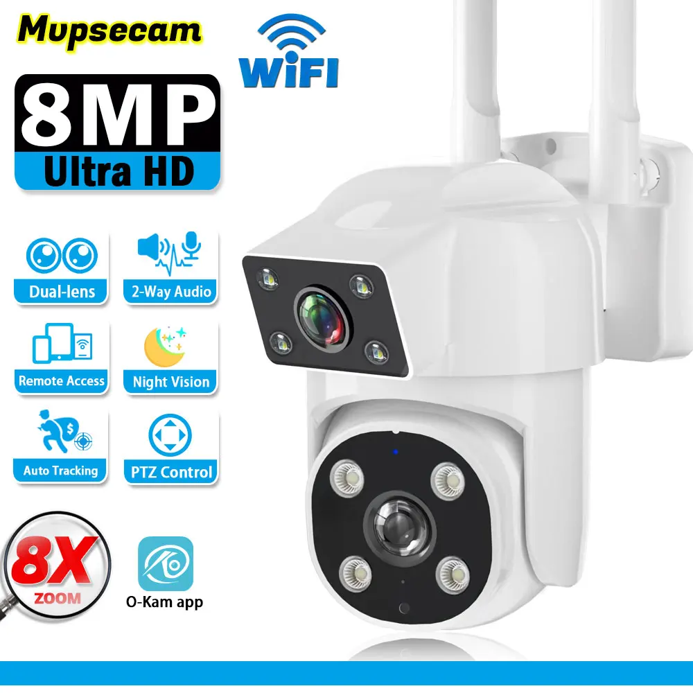 8MP WiFi IP Surveillance Cameras Dual Lens PTZ 360 Wireless Outdoor Waterproof Security CCTV Camera Human Detect Auto Tracking 1080p 5g wifi surveillance cameras outdoor camera 360 full color night vision motion detect auto tracking baby monitor ip camera