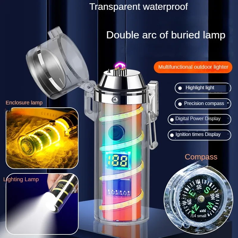 Elektrisches Feuerzeug Für Outdoor – Wind- & Wasserdicht, Mit Doppelbogen & Taschenlampe, USB-aufladbar