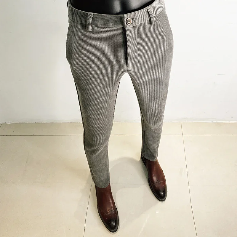 Autumn Winter Men Corduroy Pants Trousers Woolen Thicken Keep Warm Stripe Casual Slim Fit Dress Pants