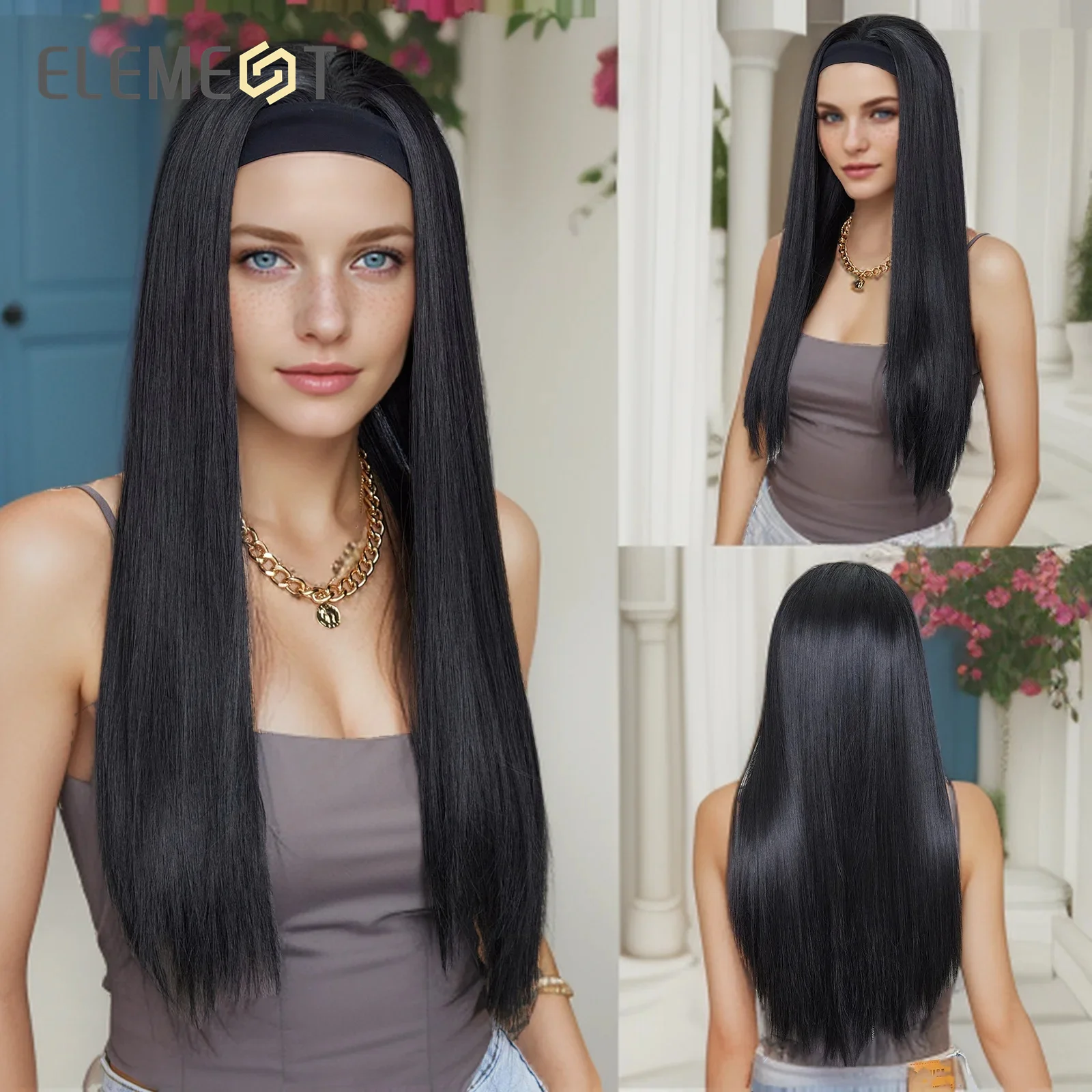 ELEMENT Elegant Synthetic Headband Wig Long Wavy Curly Black Straight ...