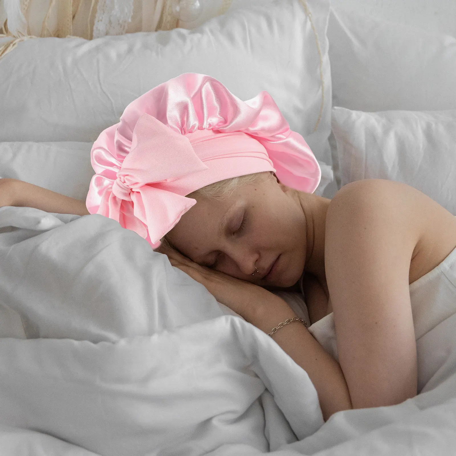 탄력있는 수면 보닛 새틴 헤어캡 대형 여성 나이트 모자 부드럽고 편안한 리본 수면 모자 헤어 케어 메이크업 얼굴용