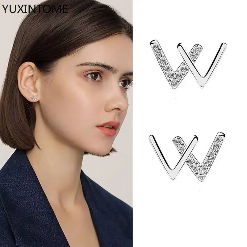 

Luxury Double V 925 Sterling silver studs earrings microinset zircon W letter earrings Gold silver fashion Jewelry for women