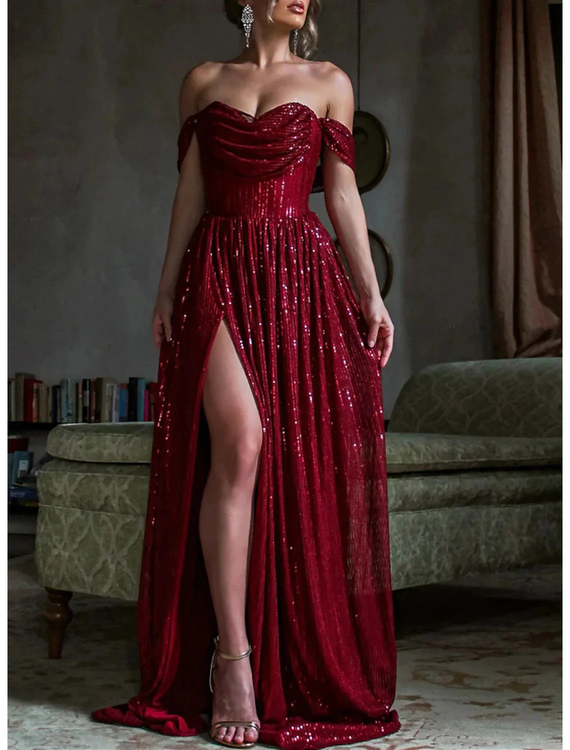 

A-Line Woman Formal Wedding Guest Evening Prom Dresses Fashion Sleeveless Off Shoulder Polyester with Sequin Slit 2023