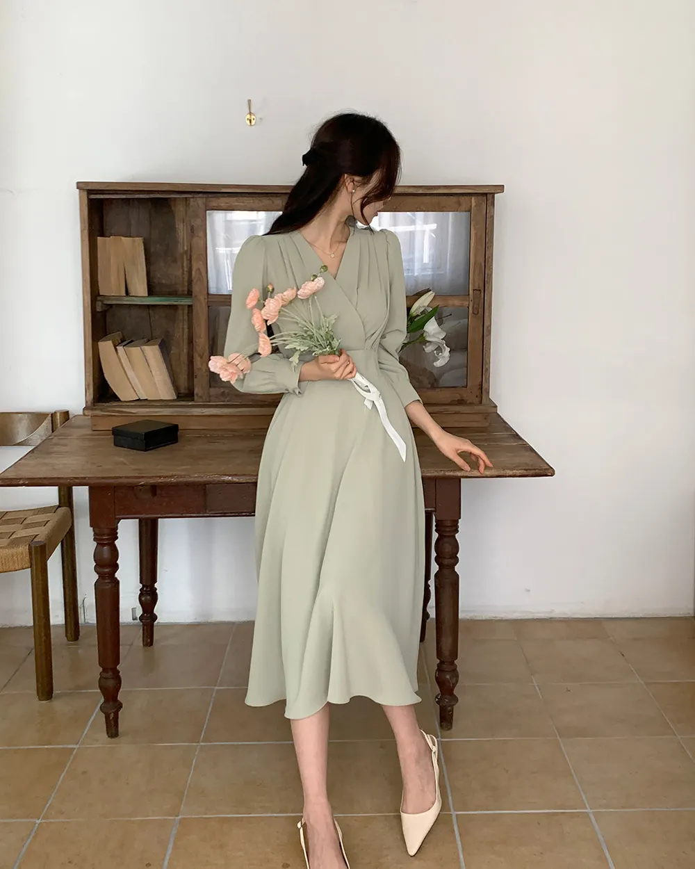 Korean Fashion Autumn Midi Dresses for Women Long Sleeves V-neck A-line Solid Casual Dress Office Lady Clothing New