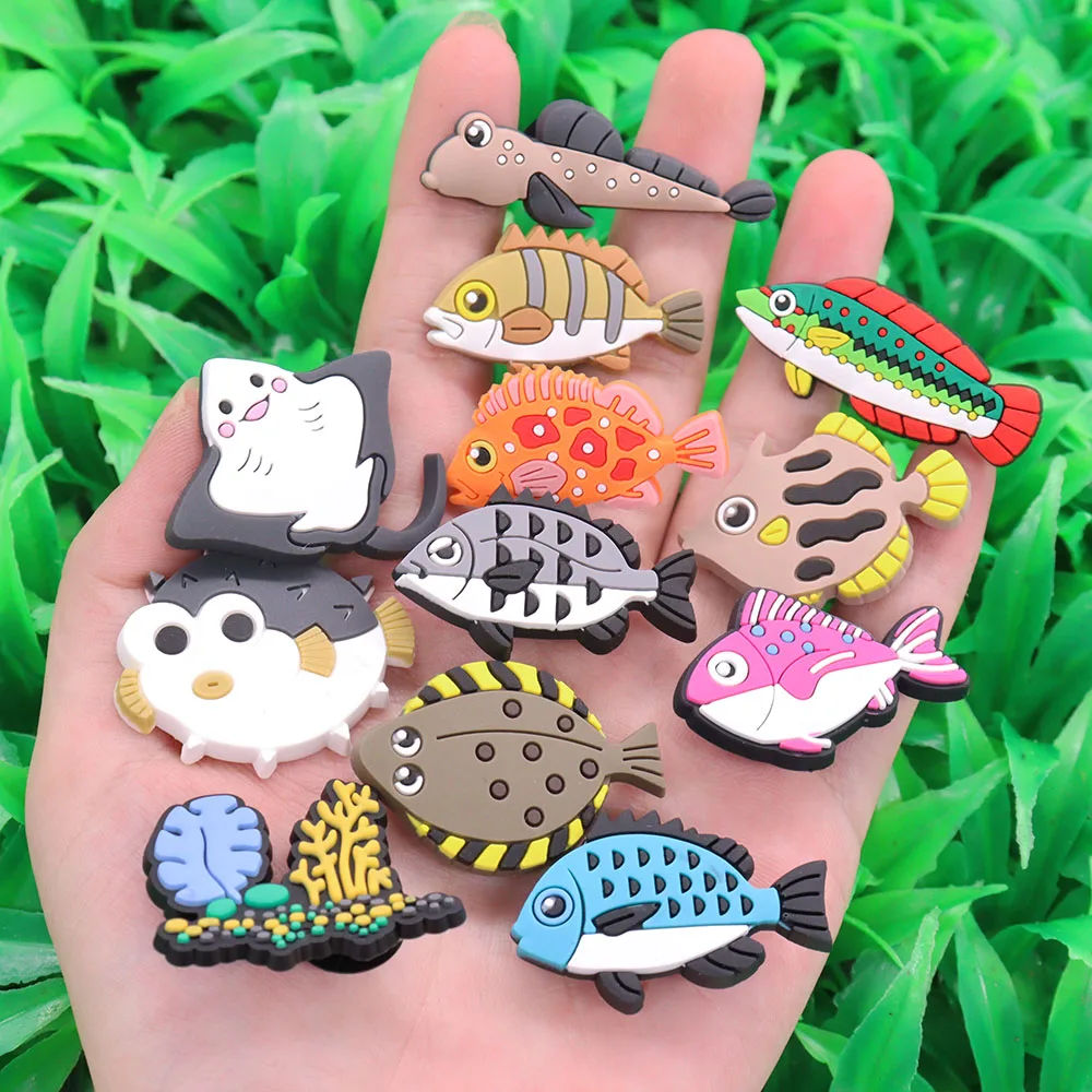 1-12Pcs PVC Pufferfish Skate Marine Life Garden Sandals Shoe Charms Fishes  Shoe Buckle Accessories Fit Kids Croc Jibz Party Gift