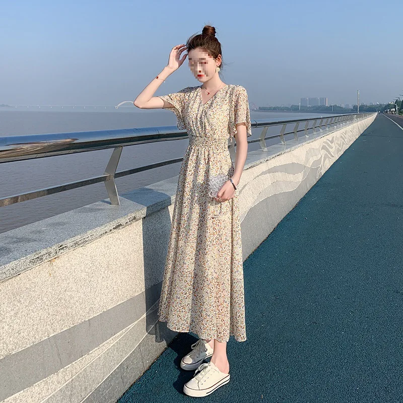 أنيقة الخامس الرقبة فستان طويل التخسيس الأزهار طبا...