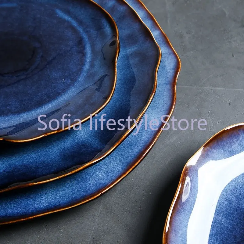 Deep Blue Ceramic Plates Irregular Flat Plate Pottery Dish Household Decoration Tableware Dinnerware Tray Hotel Kitchen Supplies