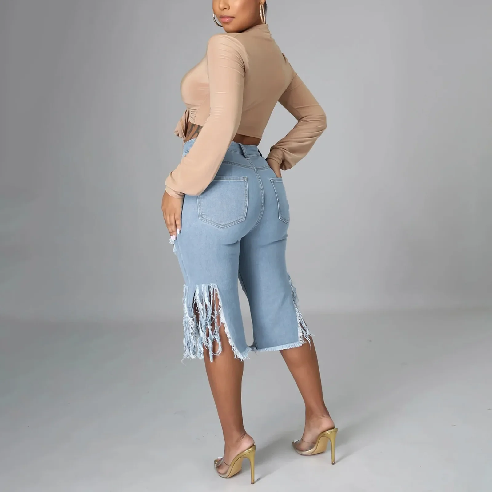 Summer Women Denim Shorts Women Harem Ruffled White Blue High Waisted Shorts Female Elastic Short Jeans Slim Fit Shorts 2024