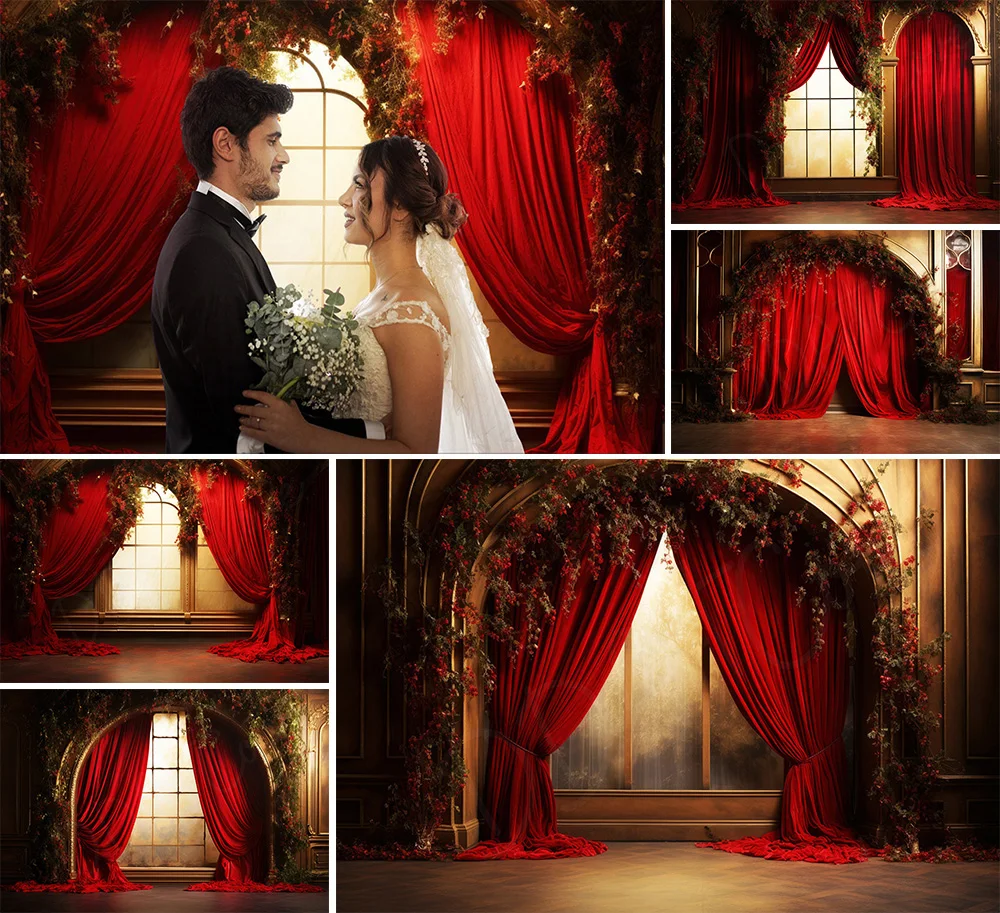 

Mehofond Photography Background Red Curtain Arch Window Adult Birthday Wedding Maternity Portrait Decor Backdrop Photo Studio