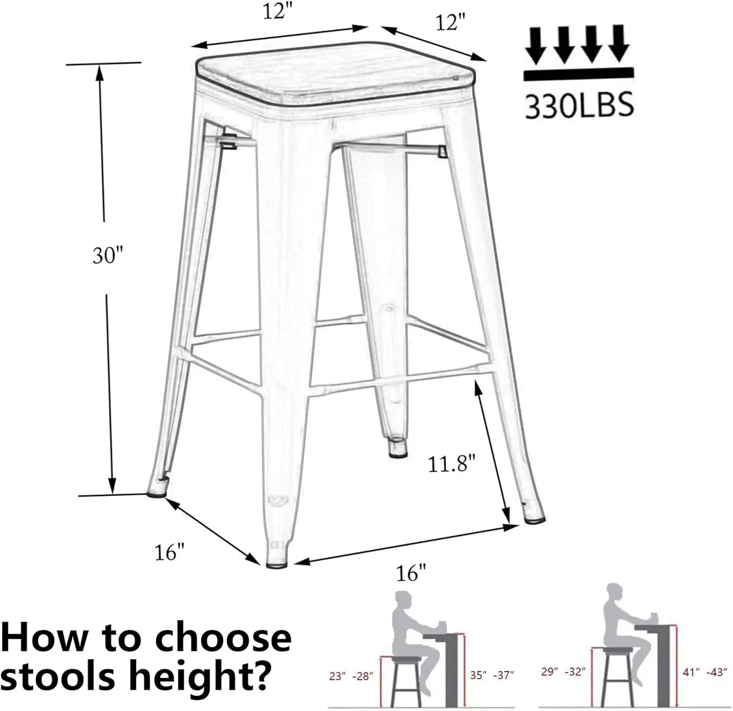 30" Metal Bar Stools Set of 4 Stackable Counter Height Barstools Backless Industrial Kitchen Bar Chairs with Wooden Seat-Matte