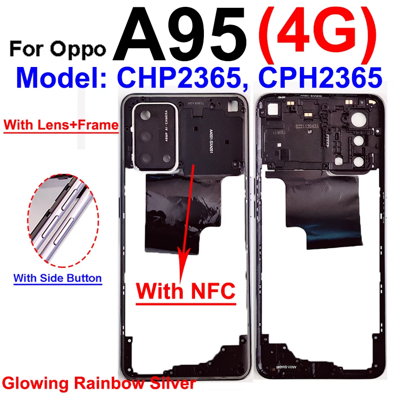 OPPO A95 4G 5G 미들 프레임 하우징, 미들 하우징 프레임 커버 베젤, 측면 단추 카메라 프레임 렌즈 부품