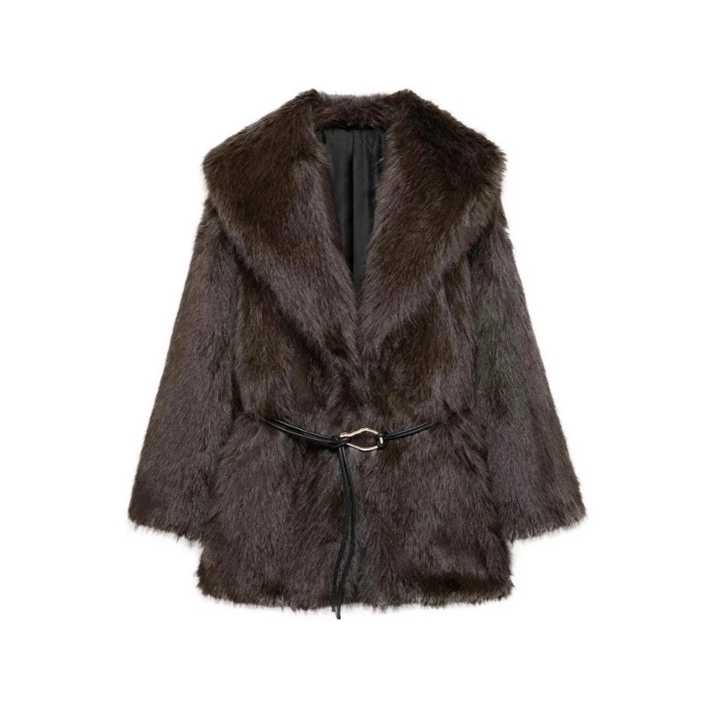 2025 Winter Hot Brown Belted Faux Fur Coat Women Thick Warm Long Fox Fur Jacket Chic Brand Fashion Girls Furry Overcoat