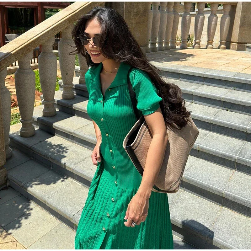 Knit Solid Women's Dress Short Sleeve O Neck Lady Dresses 2025 Elegant Summer Single Breasted Hip Package High Waist Female Rube