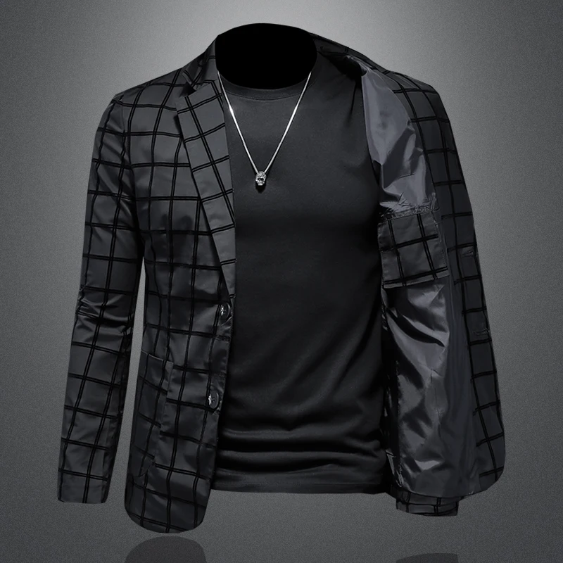 Minglu Flocking Plaid Printed Men's Blazer High Quality Solid Color Single Breasted Business Casual Male Jackets Man Coats 5XL