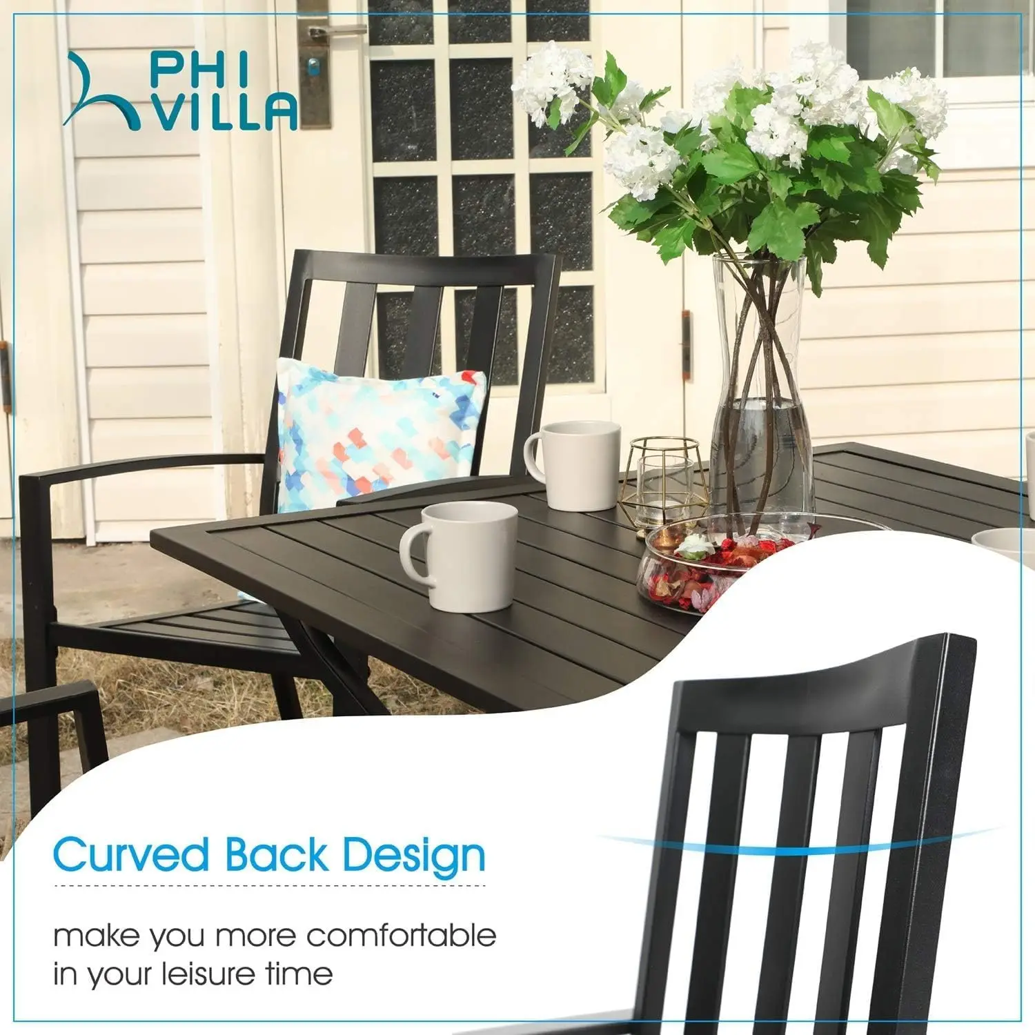 PHI VILLA Wrought Iron Patio Dining Chairs Portable Black Set of 4 Stackable Indoor Outdoor Bistro Deck Metal Support 300 Lbs 5