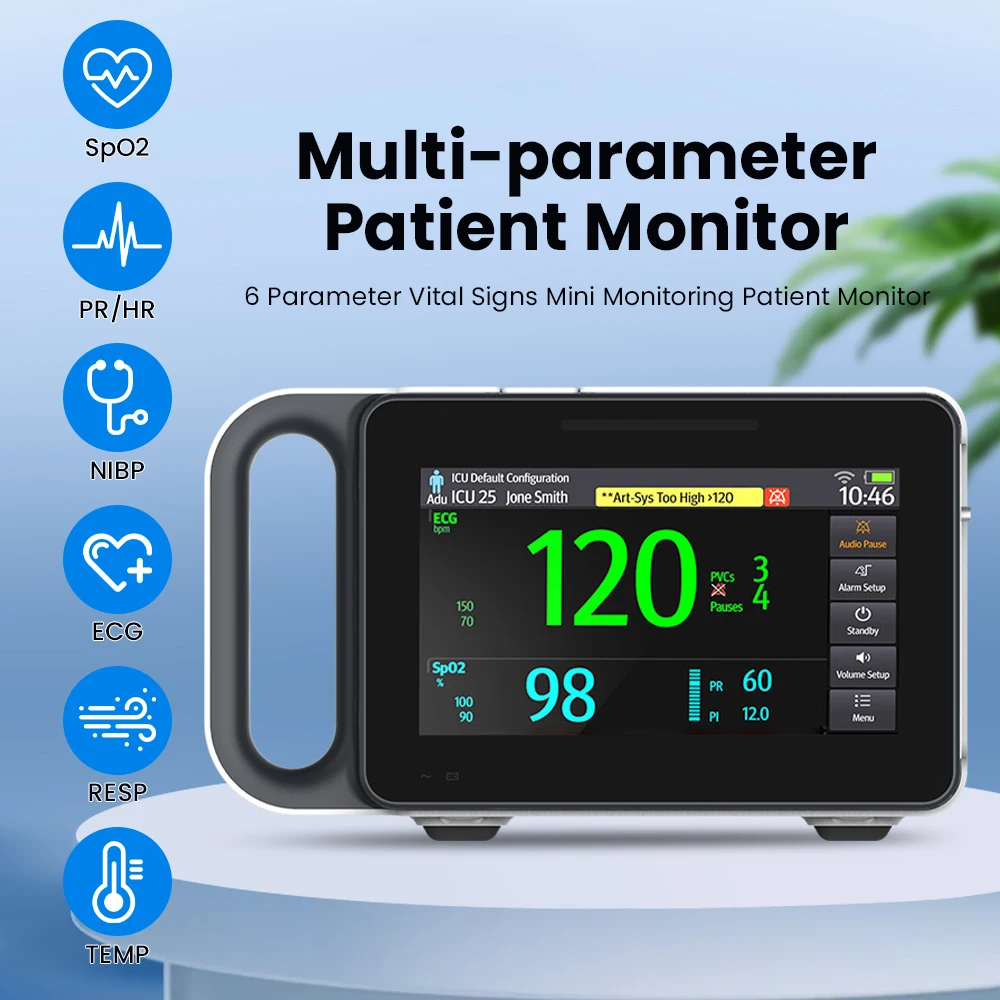 6 Parameters Medical Patient Monitor TFT 7 Inch Touch Screen Portable Vital Signs Monitor SPO2 NIBP PR TEMP ECG